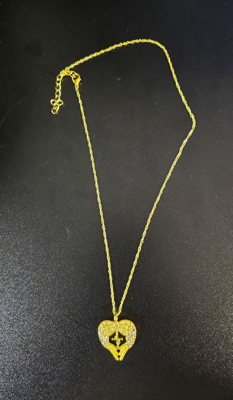 Gold Tone Heart Cross Charm Pendant Necklace Clear CZ Pavé Rope Chain Lobster